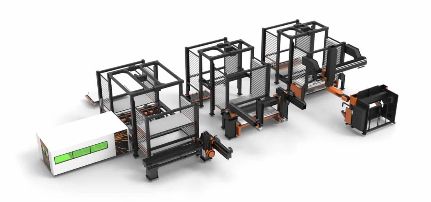 Lucas Smart Tower System line: laser, storage towers, loading robot and press brake
