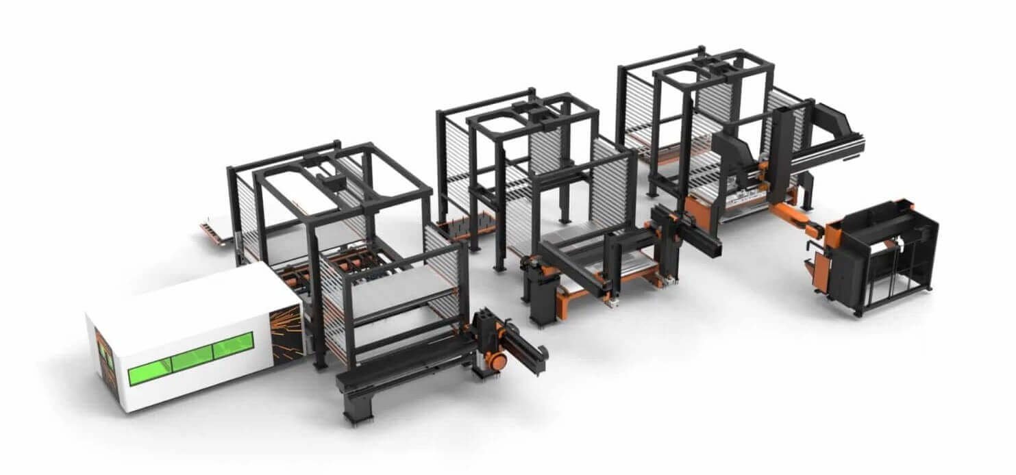 Ligne Lucas Smart Tower System : laser, tours de stockage, robot de chargement et plieuse